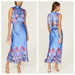 Saloni Blue Fleur Silk Tie-Back Mock Neck Gown
